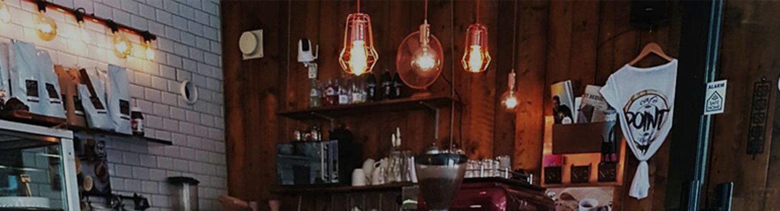 Cozy cafe interior with warm lighting