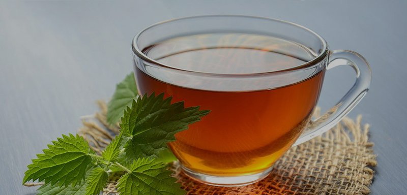 Herbal tea in glass cup with leaves